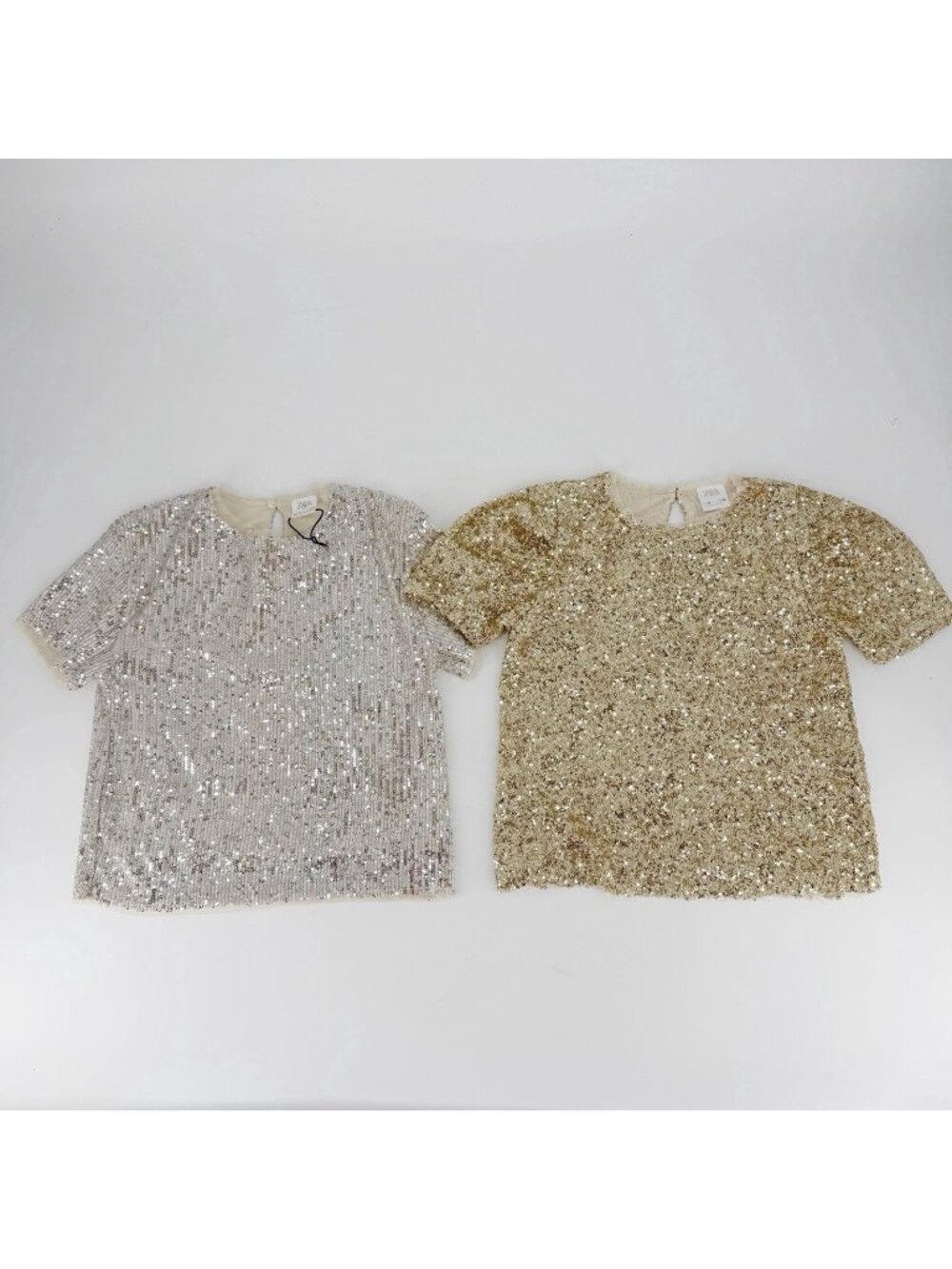 Lot of 2 Zara Girls Gold Sequin Short Sleeve Boxy Tops Size 9